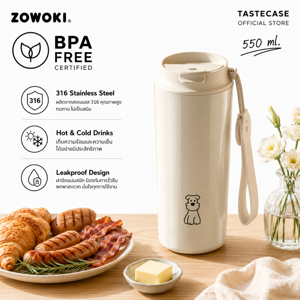 Zowoki H8114-XM กระบอกน้ำรักษาอุณหภูมิ แก้วเก็บความเย็น-ร้อน เกรดพรีเมี่ยม ความจุ 550 ml.