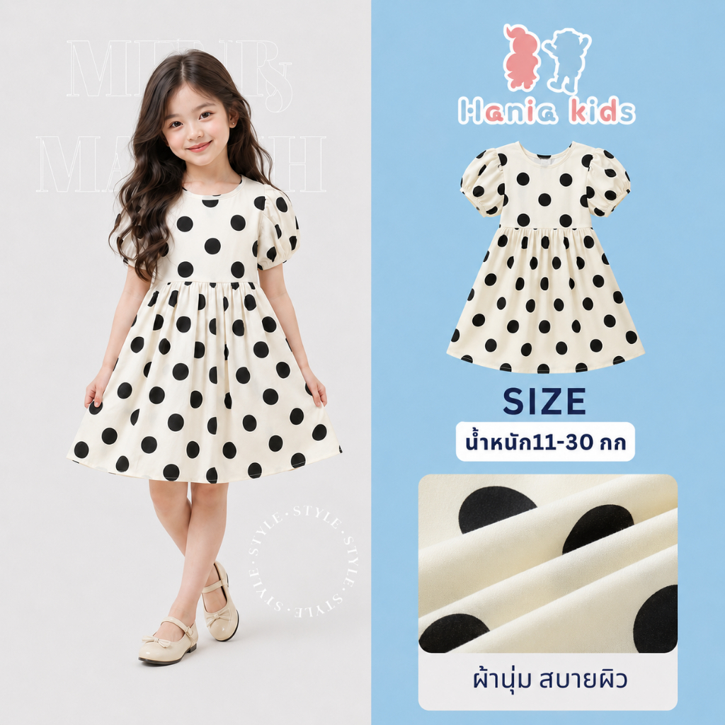 Hania kids พร้อมส่ง ชุดเดรสลายจุดผูกเชือกด้านหลัง แขนพอง เว้าหลัง ใส่สบาย - K6126165