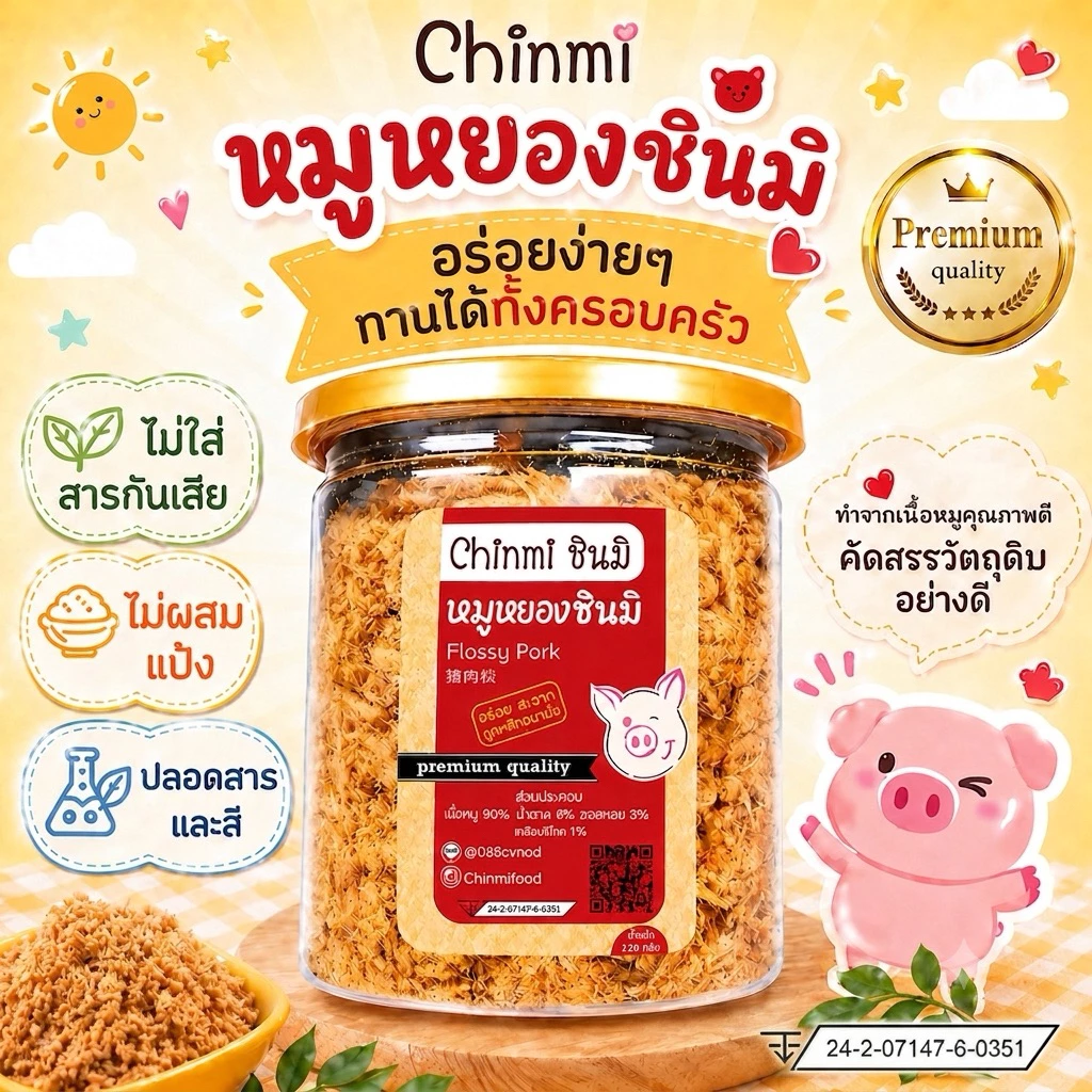 Chinmi หมูหยอง 🐽ไม่ใส่สารกันบูด ไม่ใส่ผงชูรส หมูหยอง ชินมิ ฝาซีลอย่างดี ขนาด 120g. 1 กระปุก