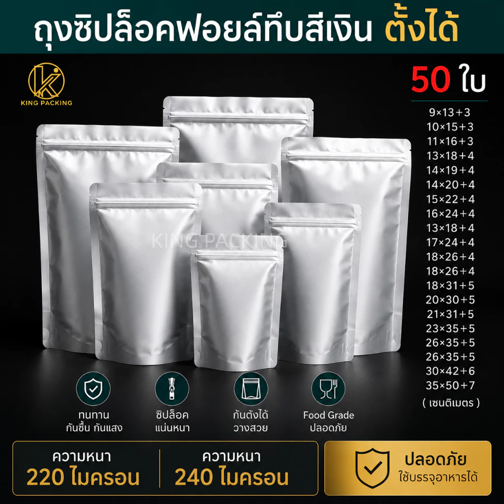 🔥ราคาส่ง🔥(50ใบ) ถุงซิปฟอยล์ทึบ ตั้งได้ ถุงฟอยล์ใส่อาหาร ถุงอาหารแมว ถุงกาแฟ ถุงซิปตั้งได้ Stand-up opaque foil zipbag