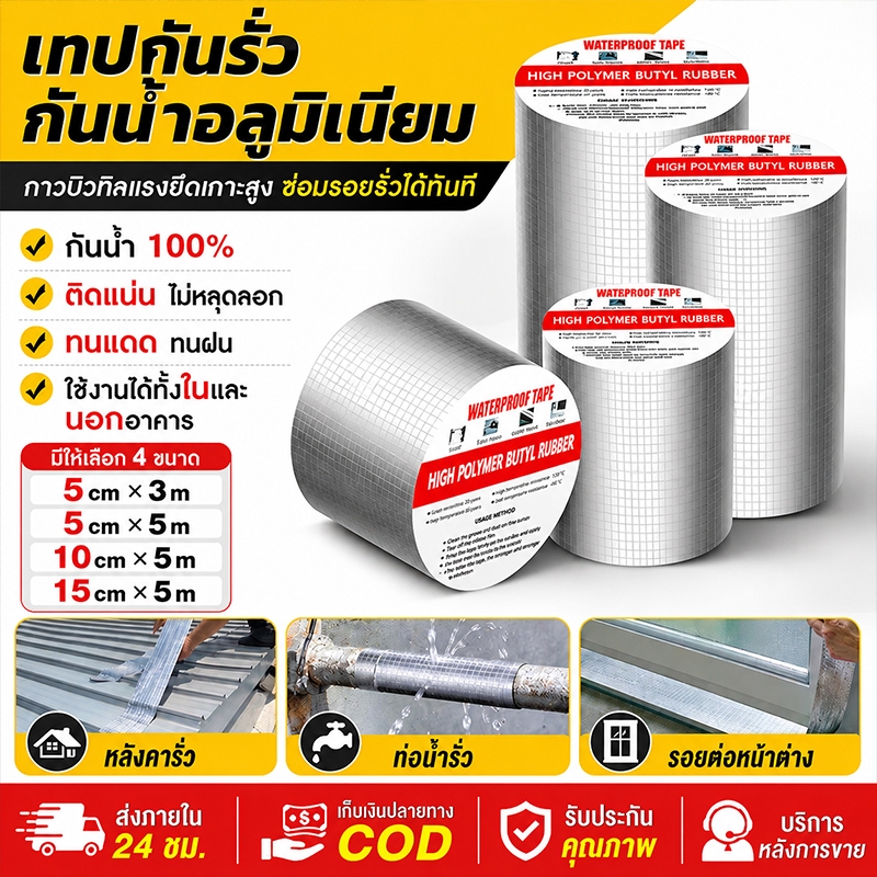 เทปกาวกันน้ำ เทปอลูมิเนียม เทปกาวกันรั่ว กันรั่วหลังคารั่ว เทปติดหลังคากันรั่ว เทปกาวสำเร็จรูป ความยาว 5 เมตร