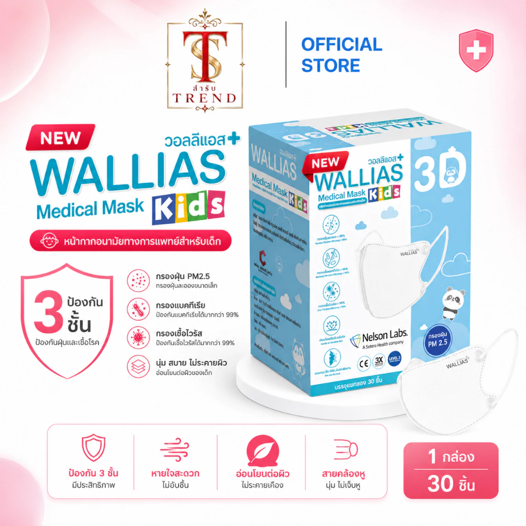 [ใหม่!]หน้ากาก WALLIAS Medical Mask 3D KIDS ( สำหรับเด็ก ) ตัวเล็กก็ใส่ได้ หน้ากากอนามัยทางการแพทย์ 3D ป้องกันฝุ่น PM2.5