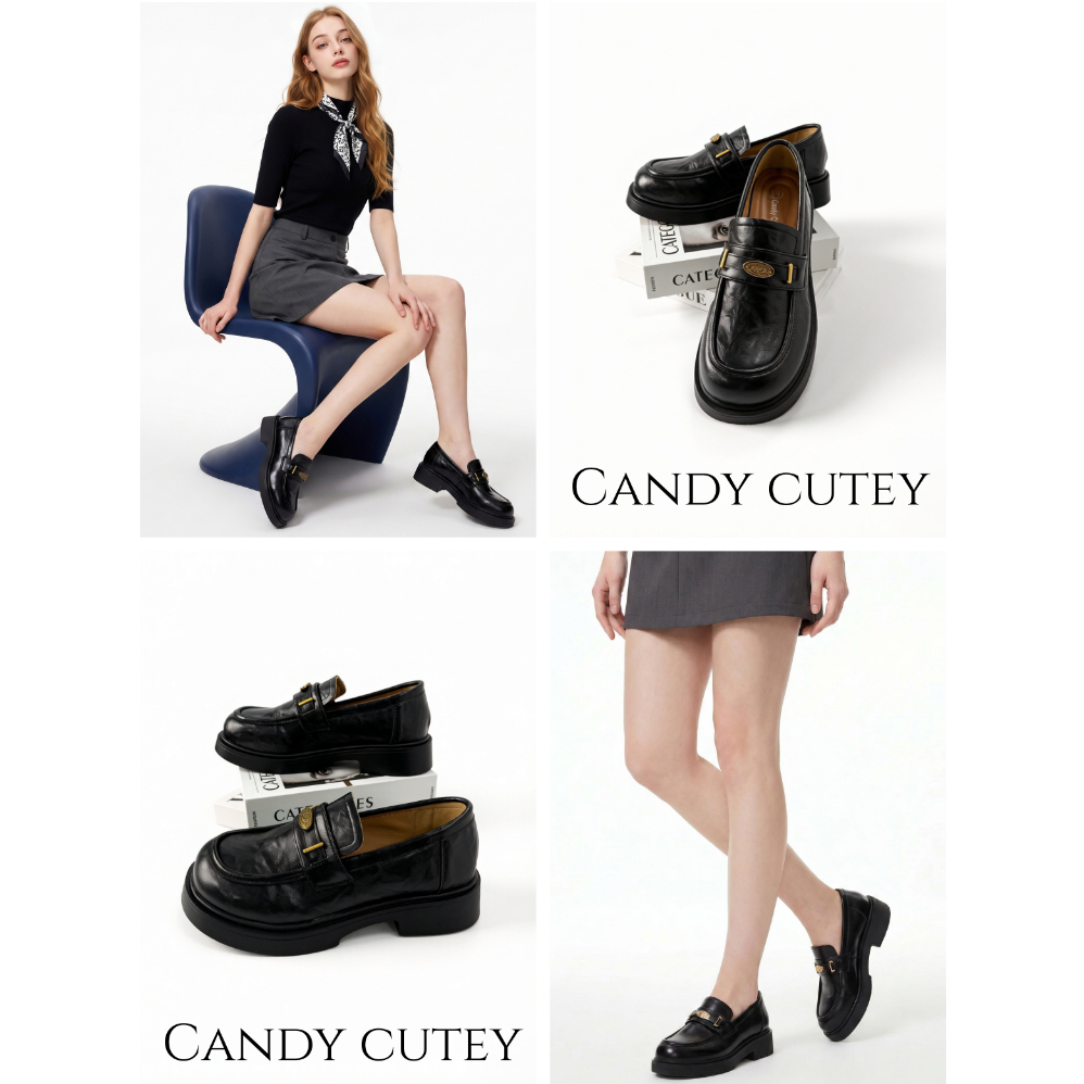 CandyCutey รองเท้าโลฟเฟอร์สไตล์อังกฤษผู้หญิง พื้นนุ่มเบาใส่สบาย โลโก้โลหะดีเทลพิเศษ สวมง่าย เข้ากับทุกชุด ทำงานประจำวัน