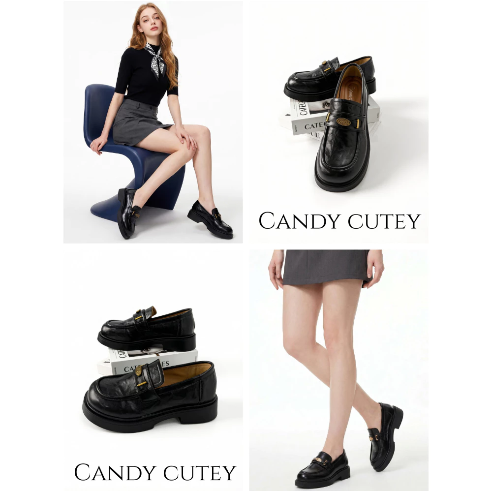 CandyCutey รองเท้าโลฟเฟอร์สไตล์อังกฤษผู้หญิง พื้นนุ่มเบาใส่สบาย โลโก้โลหะดีเทลพิเศษ สวมง่าย เข้ากับทุกชุด ทำงานประจำวัน