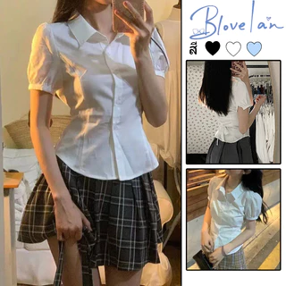 เสื้อเชิ้ตแขนสั้นแขนพองสีขาว สีเรียบกระชับสัดส่วน เสื้อเชิ้ตผู้หญิงคอปกโปโล สีขาว แฟชั่นฤดูร้อน สําหรับผู้หญิงins