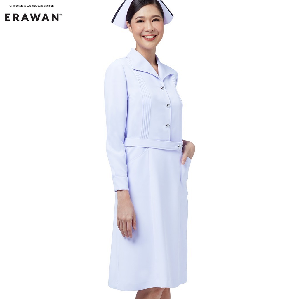 Uniformthaiwacoal ชุดแซกพยาบาลพิธีการแขนยาว ปกปีกนก ตีเกล็ด FXW013 ผ้า Nursy สีขาวโอโม่ [สังกัดกรุงเทพมหานคร]