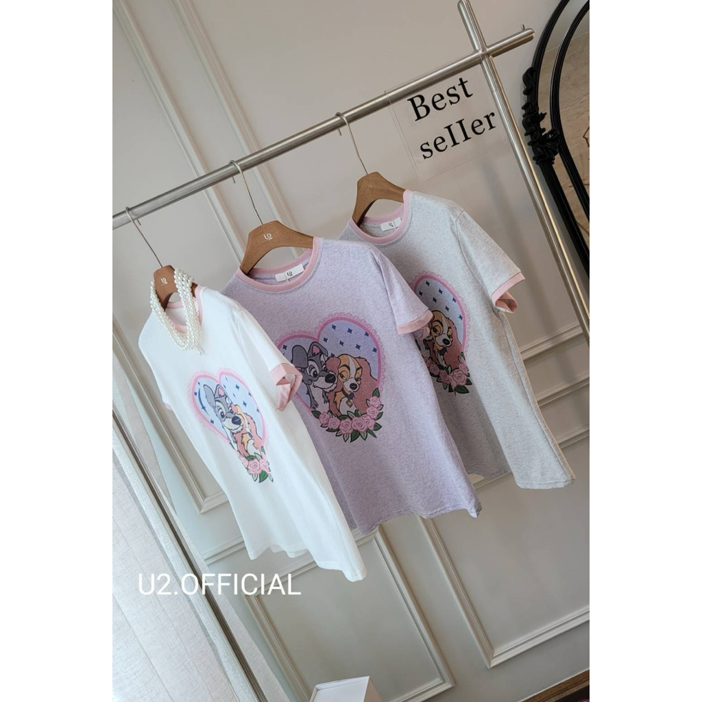 U2🩶🩷💜 เสื้อยืดตัวเล็กผ้าสลาฟ ลาย lady สีละมุน