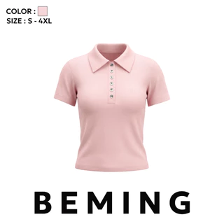Bemingtop1223(S-4XL)-Lolety Top - เสื้อโปโลแขนสั้นดีไซน์มินิมอลตกแต่งกระดุมหน้าและปักโลโก้ BMG