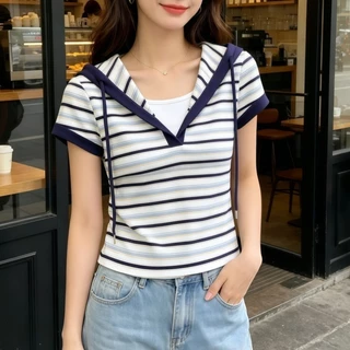 เสื้อฮู้ดแขนสั้นผู้หญิงลายทางสีสันสดใส สไตล์ใหม่ฤดูร้อนปี 2026 ลำลองและใช้งานได้หลากหลาย