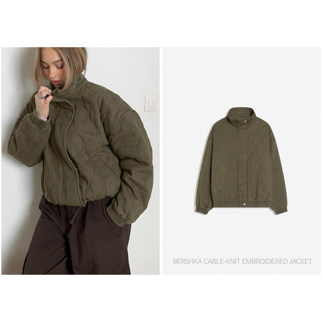BERSHKA เสื้อแจ็คเก็ต กันหนาว คอสูง แขนยาว  CABLE-KNIT EMBROIDERED JACKET (C1405)