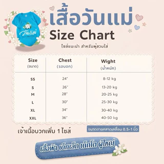 เสื้อวันแม่ สีฟ้าไซส์เด็ก ใส่งานวันแม่สำหรับเด็ก รอบอก 28-34 นิ้ว cotton มี 4 ลาย พร้อมส่ง ส่งไว น่ารักมาก
