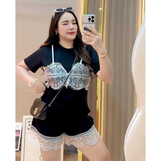 🎀SETเสื้อยืดแต่งดีเทลลุกไม้+กางเกงขาสั้น(พ7+ท14)🎀#สาวอวบ
