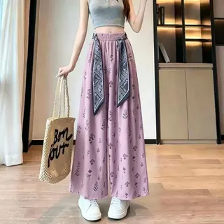 ผ้าดีมาก！！กางเกงขายาวลายดอกไม้ ผ้าสวยใส่สบาย เอวยืดได้ มีซิปข้างT-2624