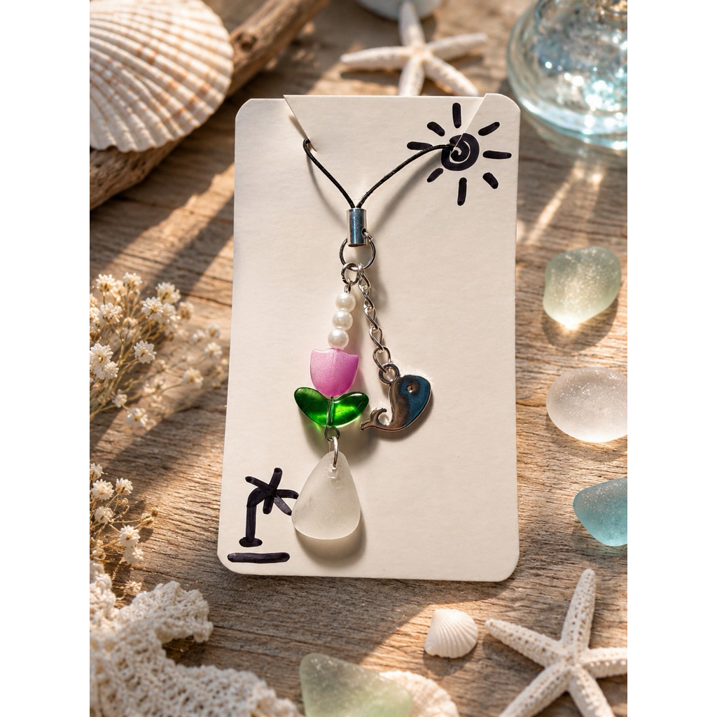 คละสี🌷 พวงกุญแจ Sea Glass ดอกทิวลิป & วาฬ 🐋✨&ดาว