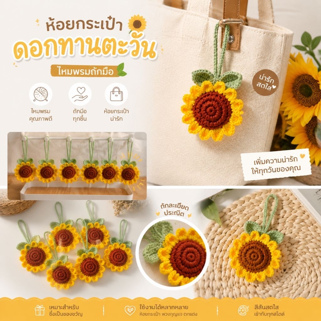 พวงกุญแจ/ห้อยกระเป๋า ดอกทานตะวันไหมพรม(ส่งภายใน1-2วัน)