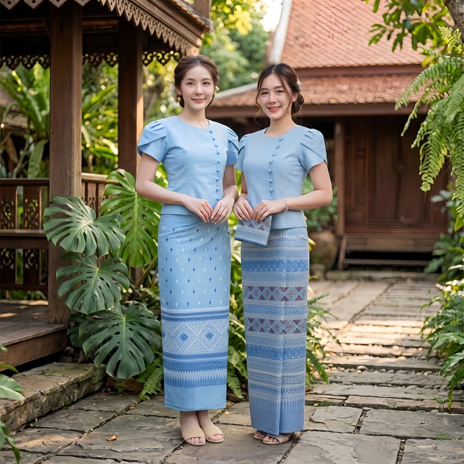 ชุดผ้าไทยฟ้าพาสเทล เสื้อลิซ่าพร้อมผ้าถุงหมักโคลน เซ็ท2ชิ้น ผ