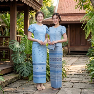 ชุดผ้าไทยฟ้าพาสเทล เสื้อลิซ่าพร้อมผ้าถุงหมักโคลน เซ็ท2ชิ้น ผ้าฝ้ายเกรดA เนื้อนุ่มใส่สบาย