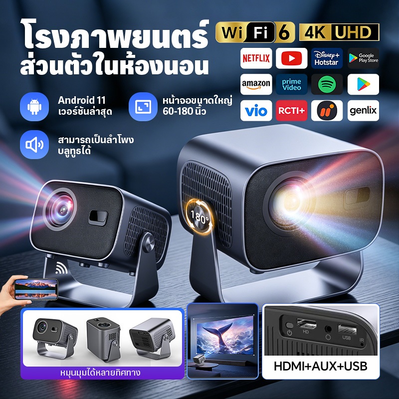 โปรเจคเตอร์มินิ A10 4K Android11 WiFi6 โฟกัสอัตโนมัติ มีแอปในตัว ดู Netflix/Youtube หมุน360° คาราโอเกะในตัว ต่อมือถือ