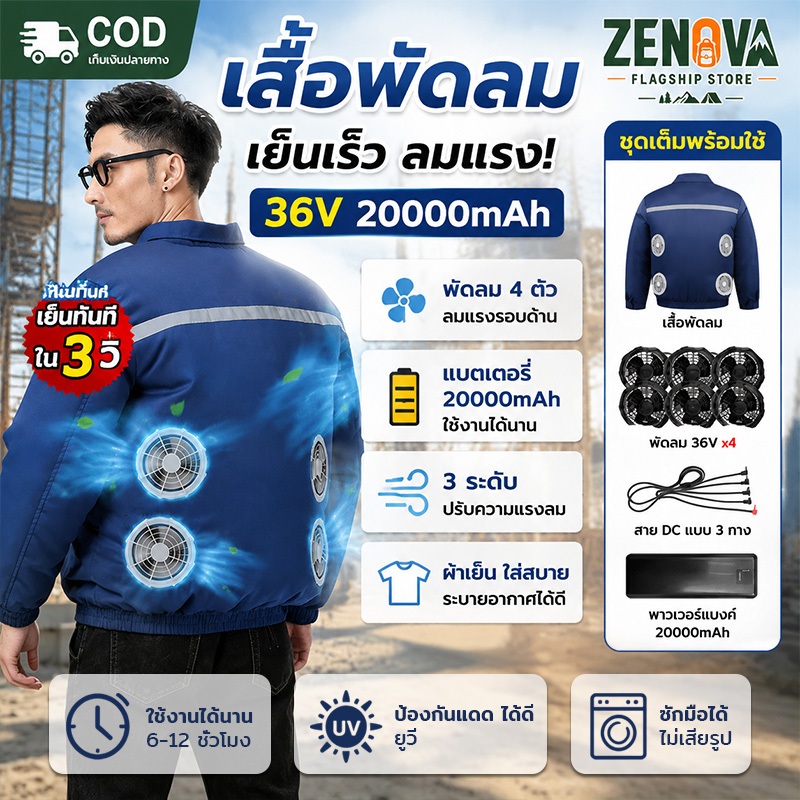 【ZENOVA】เสื้อผ้าที่มีพัดลม พัดลม 36 โวลต์จำนวน 4 ตัว แถมพาวเวอร์แบงค์ 20000mAh ระบายความร้อนรวดเร็ว เหมาะงานก่อสร้างกลาง