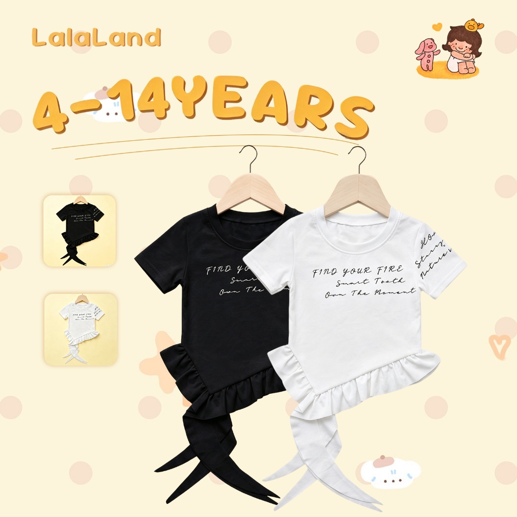 Lalaland 4-14 ปี เสื้อยืดเด็กผู้หญิง สไตล์เกาหลี แขนสั้น ขอบริ้วไม่สม่ำเสมอ านุ่มใสสบายฯ ผ้าฝ้ายแท้ เสื้อยืดคอกลม