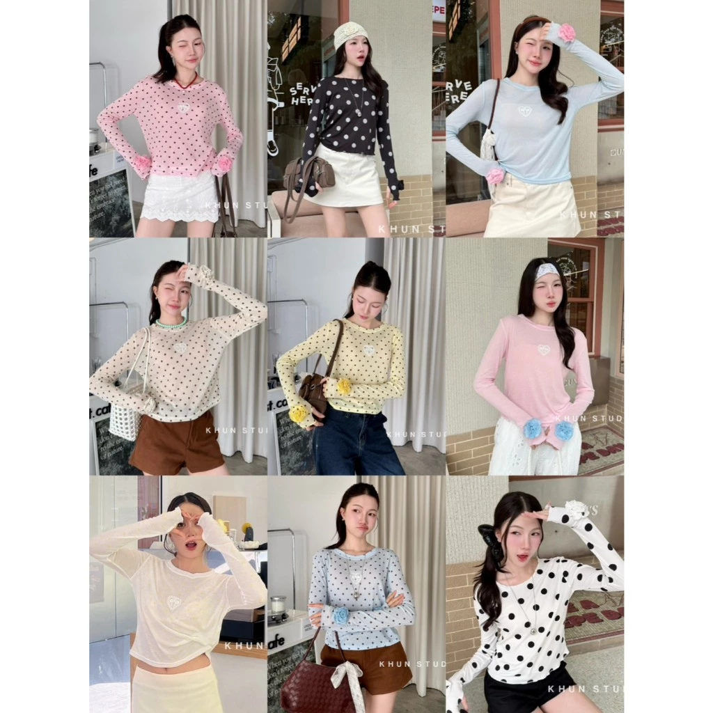 เสื้อแขนยาวแต่งดอกคามิเลีย เสื้อแขนยาวแต่งดอกไม้ที่แขน งานน่ารัก สีพื้น ลายจุด ผ้ายืด KHUN. (K048)