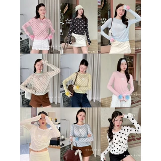 เสื้อแขนยาวแต่งดอกคามิเลีย เสื้อแขนยาวแต่งดอกไม้ที่แขน งานน่ารัก สีพื้น ลายจุด ผ้ายืด KHUN. (K048)