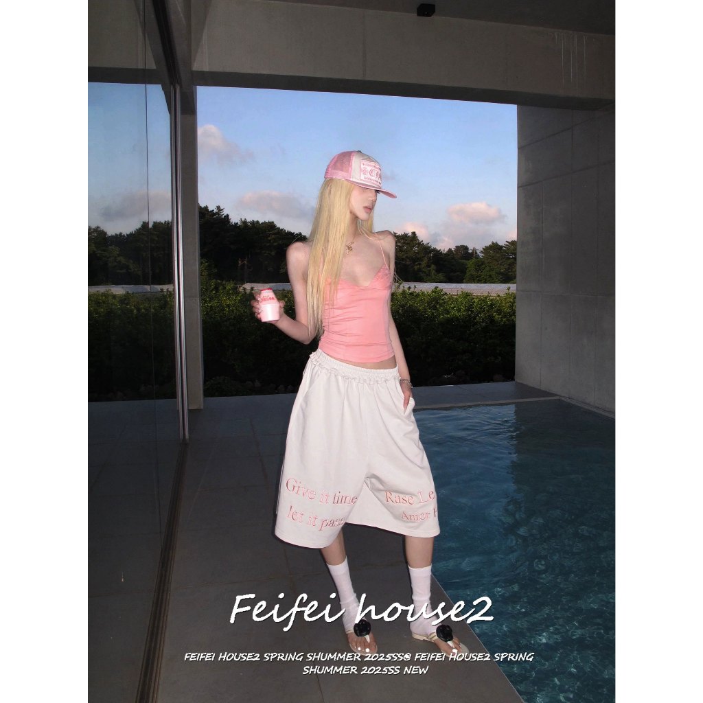 [Feifei-Letter print capri pants]กางเกง7ส่วนผู้หญิงสไตล์ฮิปฮอปอเมริกันลายพิมพ์ตัวอักษรทรงหลวม