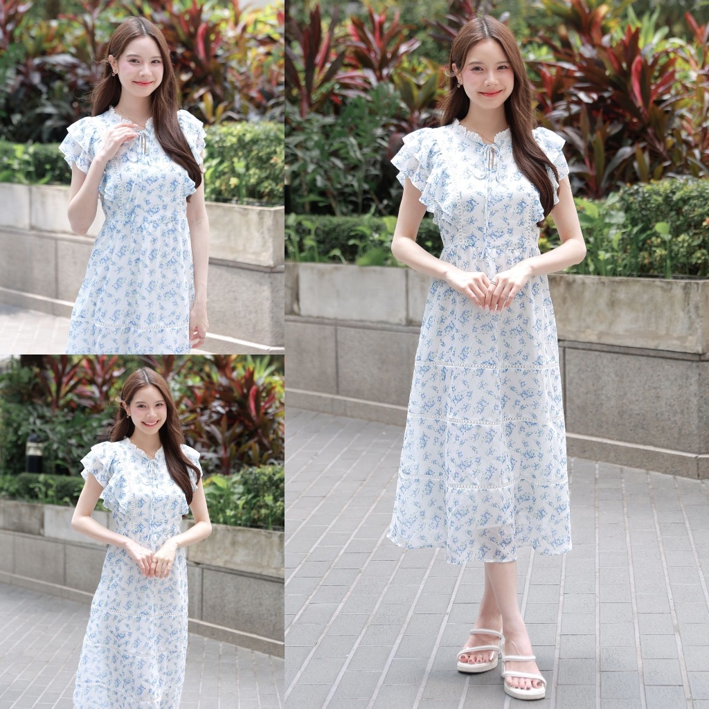 Cheryl brand - Katniss Ruffle Lace Trim Dress in Light Blue Floral Print / เดรสสีขาวพิมพ์ลาย แขนแต่งระบาย