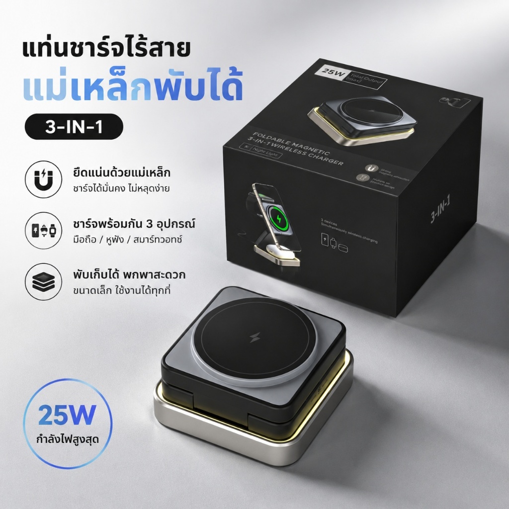 แท่นชาร์จไร้สายแม่เหล็กแบบพับได้ 3-in-1 (25W)