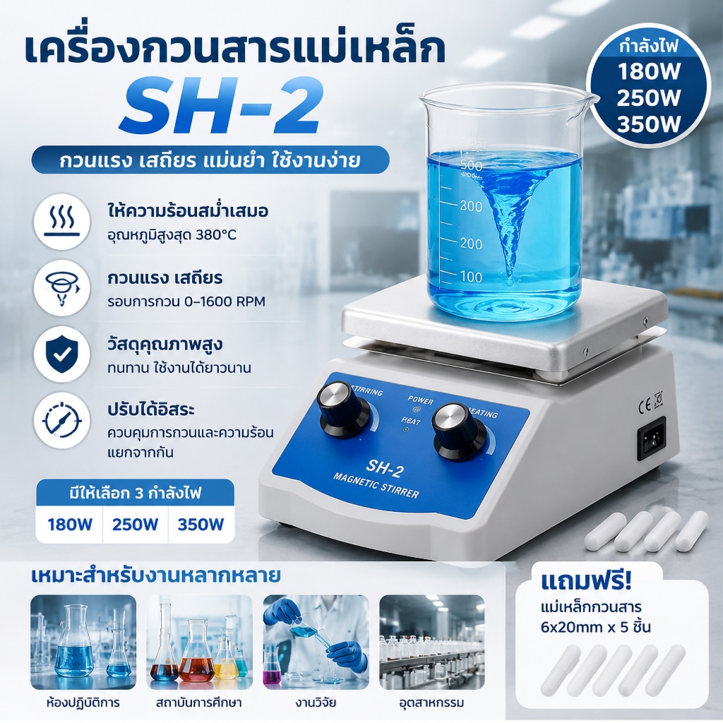 เครื่องกวนสาร ความร้อน รุ่น SH-2 Magnetic Stirrer with Hot Plate พร้อมแผ่นกวนและเครื่องผสมแม่เหล็ก