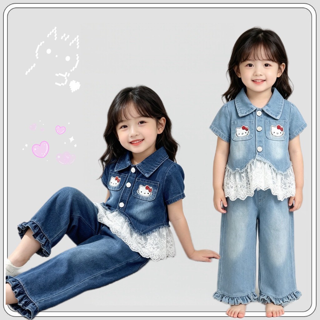 MC357 ชุดแต่งตัวเด็กผู้หญิงเดนิมสีฟ้า เซตเสื้อ+กางเกง ดีเทลลูกไม้สวยหรู เหมาะซื้อเป็นของขวัญวันแม่ ผ้านุ่มระบายอากาศ