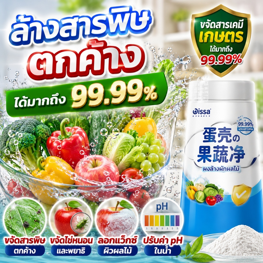 ผงล้างผักผลไม้ ช่วยขจัดสารกำจัดศัตรูพืชมากกว่า 99.99% ลอกแว็กซ์บนผิวผลไม้ ลดสิ่งสกปรก ปรับสมดุลค่า pH ใช้งานง่าย เหมาะสำ