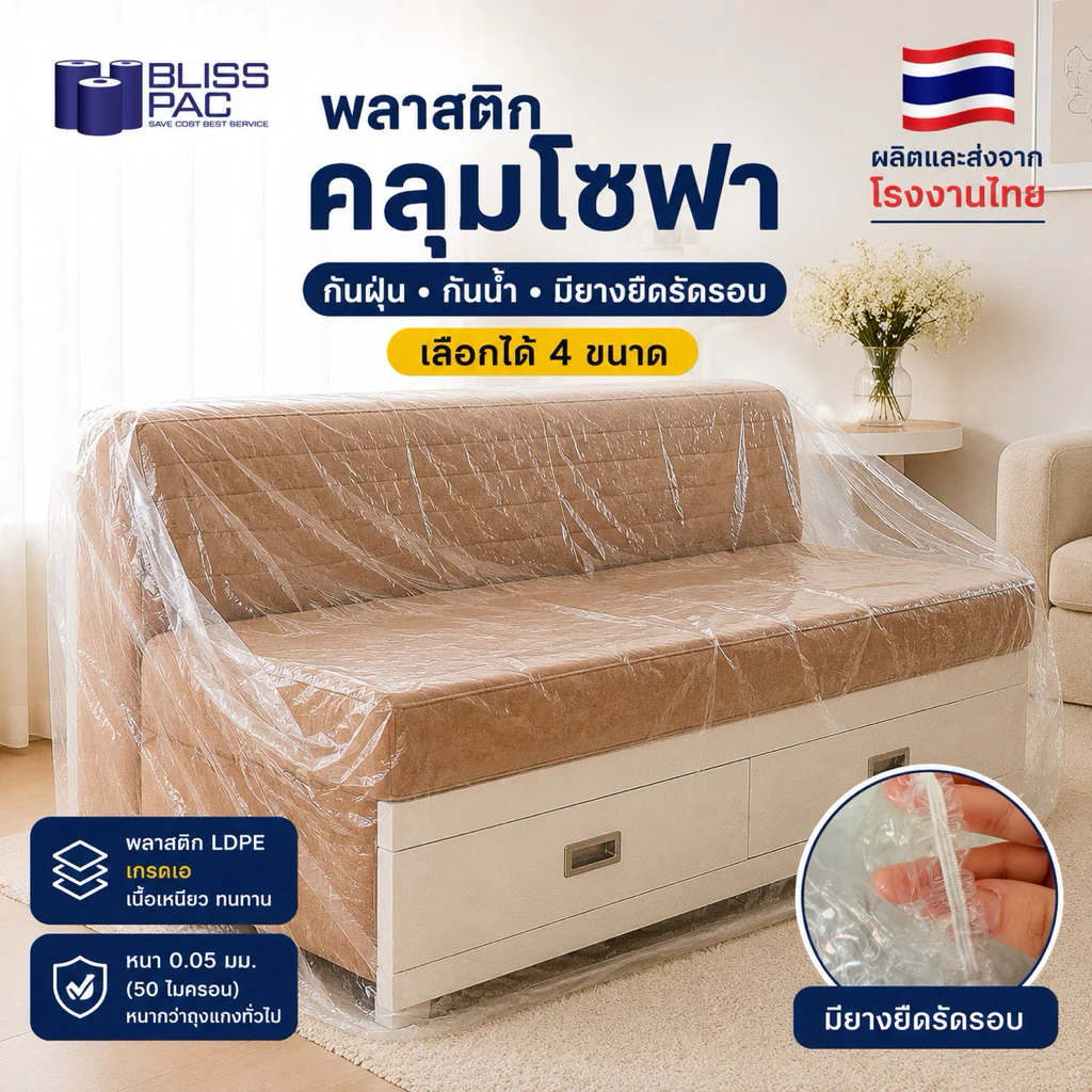 (ผลิต-ส่งจากไทย) ถุงคลุมโซฟา พลาสติกคลุมโซฟา เลือกไซส์ได้ มียางยืดรัดรอบ ผลิตจากพลาสติก LDPE เกรดเอ