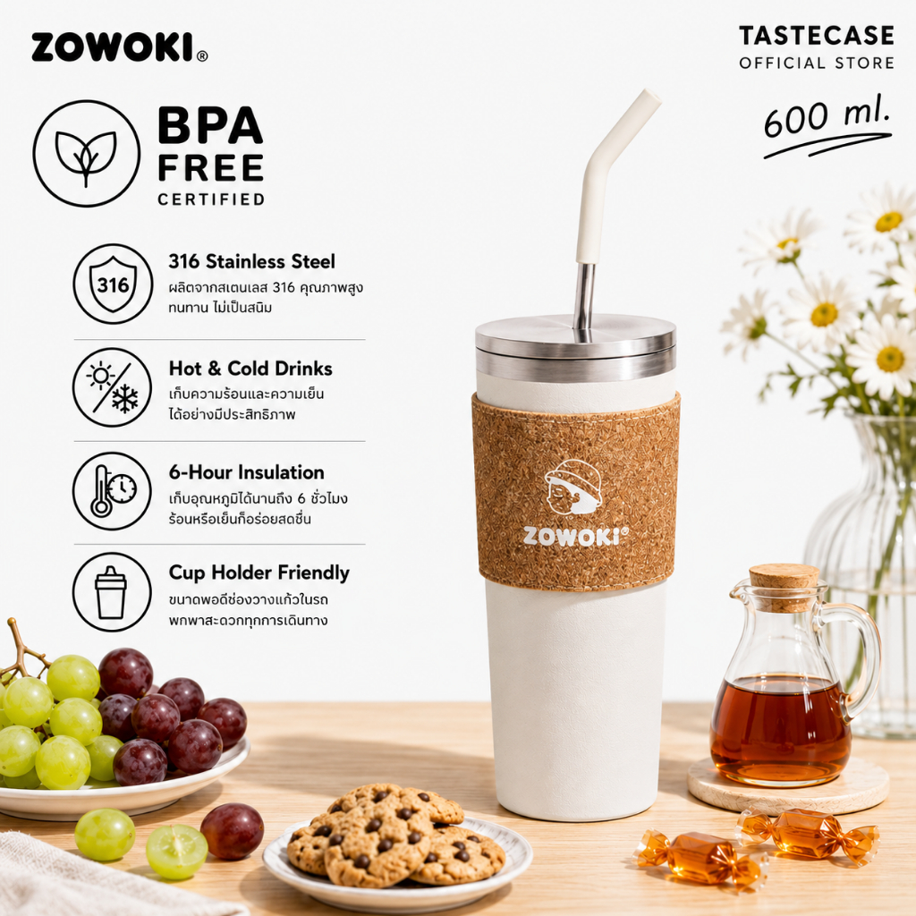 Zowoki Q6A-600 กระบอกน้ำรักษาอุณหภูมิ แก้วเก็บความเย็น-ร้อน เกรดพรีเมี่ยม ความจุ 600 ml.