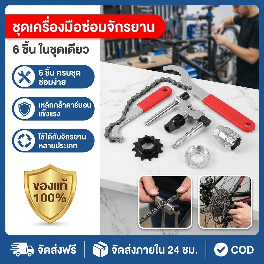 6 In 1 ชุดซ่อมจักรยาน ชุดเครื่องมือซ่อมจักรยาน ประแจถอดกะโหลก เฟืองหลัง แบบกลวง ถอด ยึดโซ่ ตัวดูด ถอดขาจาน ถอดมู่เล่
