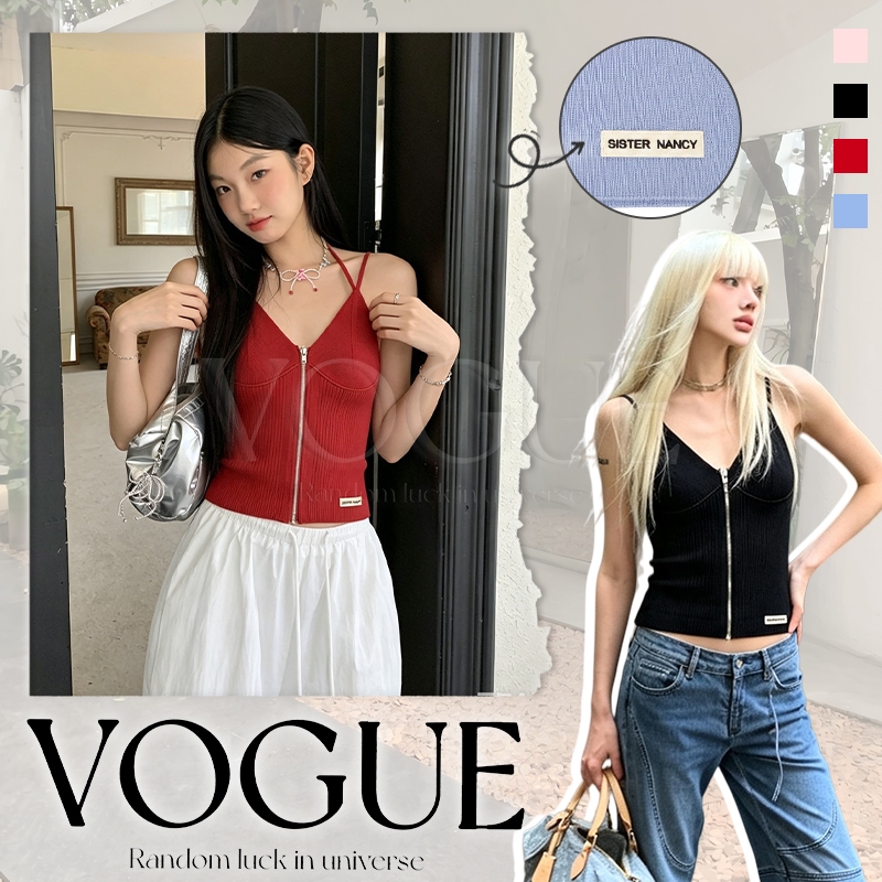 Vogue🌟พร้อมส่ง🌟 เสื้อกั๊กสายคู่ผ้าถักลายร่อง ซิปหน้าเต็มตัว ทรงครอปรัดรูป สไตล์เซ็กซี่ลำลองฤดูร้อน (6517)