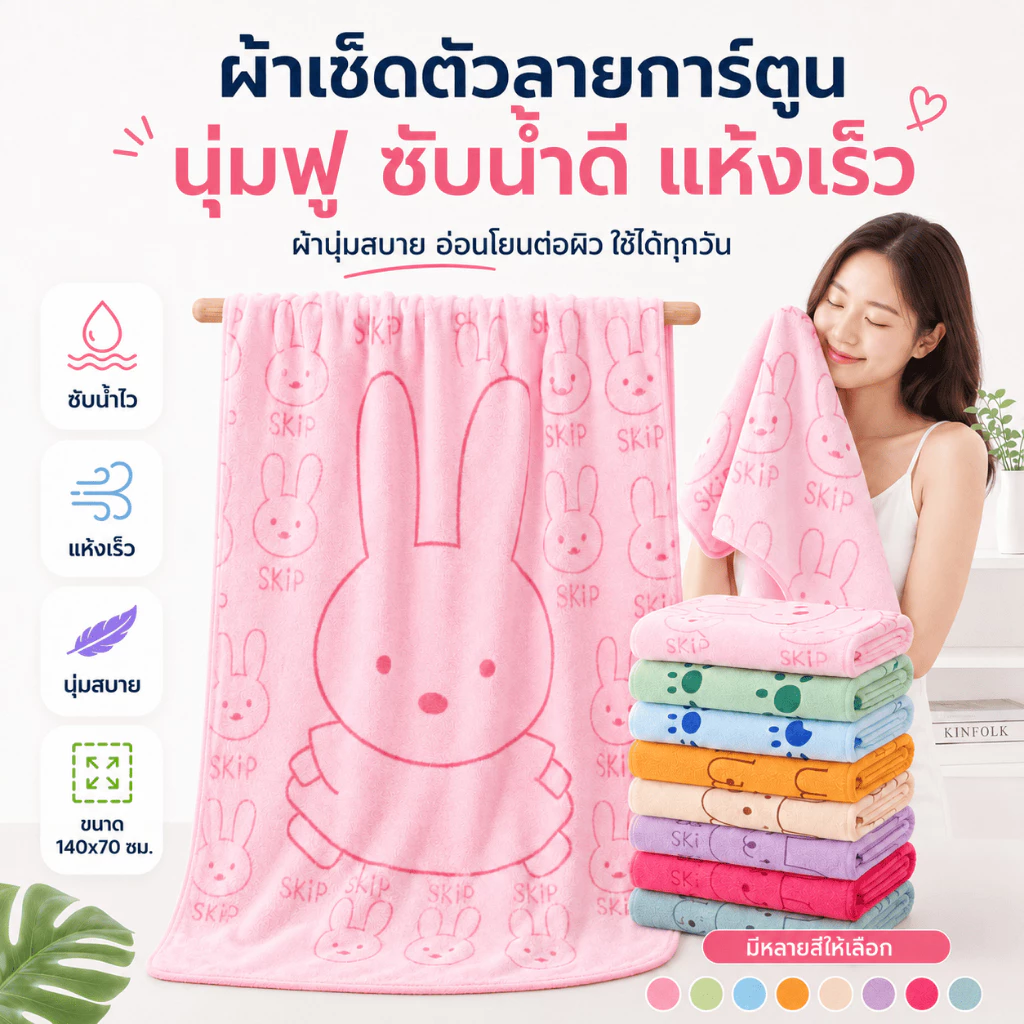 YJK-01 【220กรัม】ขนาด 140x70 ซม. ผ้าเช็ดตัว ลายการ์ตูน ผ้าขนหนูนาโน นุ่มไม่บาดผิว ใช้กับเด็กทารกและเด็กแรกเกิดได้