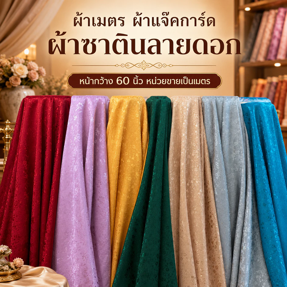 ผ้าเมตร ผ้าแจ๊คการ์ด ผ้าซาตินลายดอก หน้ากว้าง 60 นิ้ว หน่วยขายเป็นเมตร