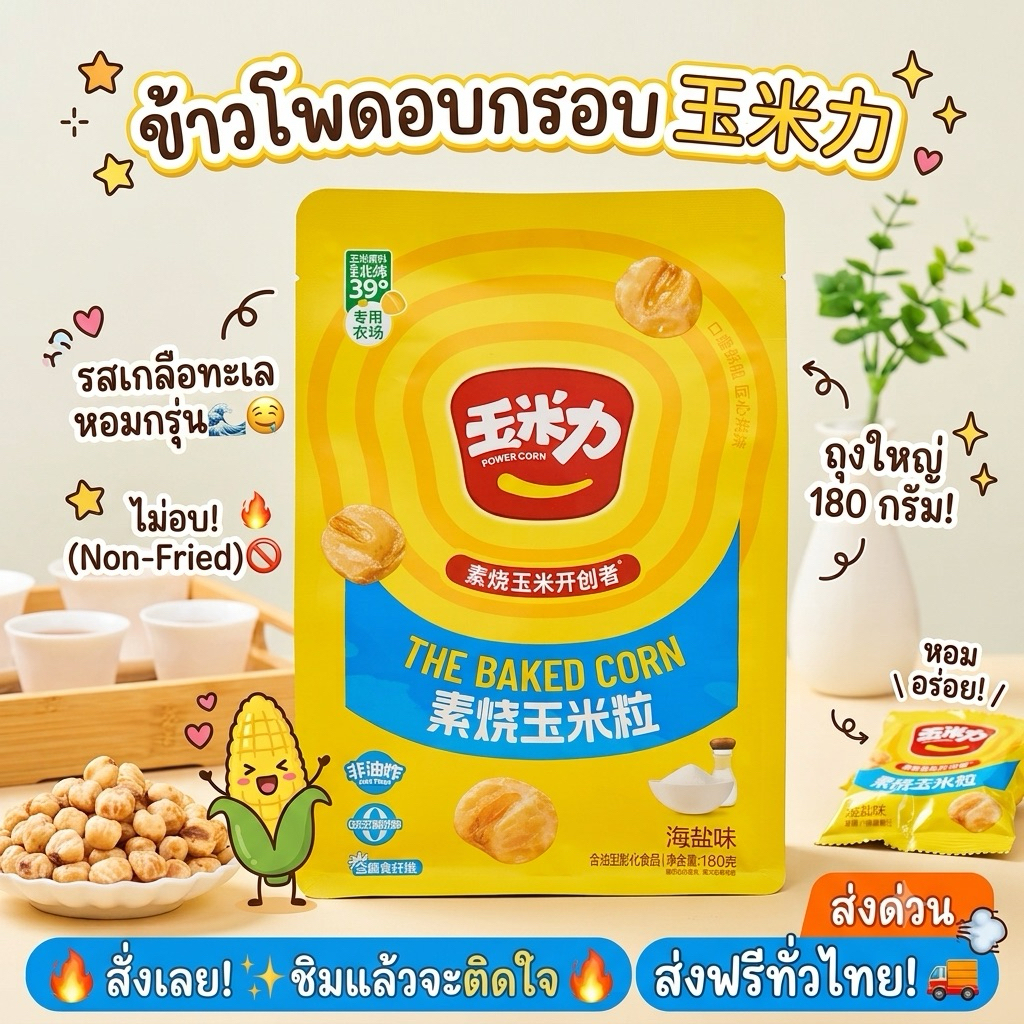 THE BAKED CORN คอร์นป๊อบ ข้าวโพดอบกรอบ 180G. ไม่ทอด