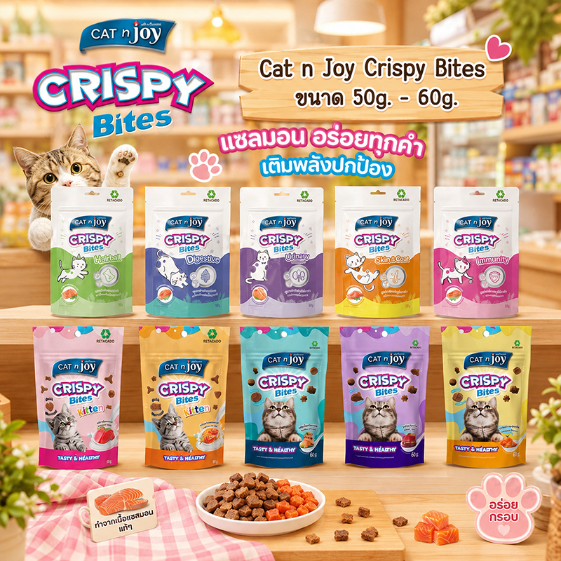 CAT n Joy Crispy Bites ขนมแมว กรุบกรอบ คริสปี้ ไบท์ แสนอร่อย และสูตรเสริมวิตามิน ขนาด 50-60 g.