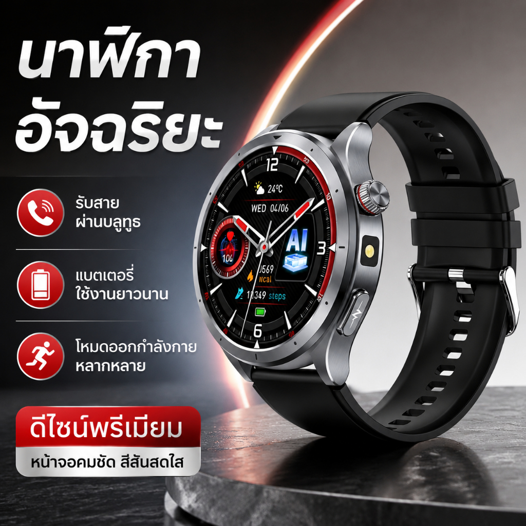 นาฬิกาสุขภาพ Pure Health HR6 จอ AMOLED วัดน้ำตาล วัดความดัน วัดออกซิเจน กันน้ำ IP67 โทรได้