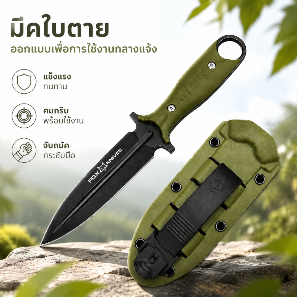 มีดกลางแจ้งใบมีดเหล็ก AUS-10 ด้ามไนลอนไฟเบอร์กลาส พร้อมปลอก Kydex เหมาะตั้งแคมป์และเดินป่า