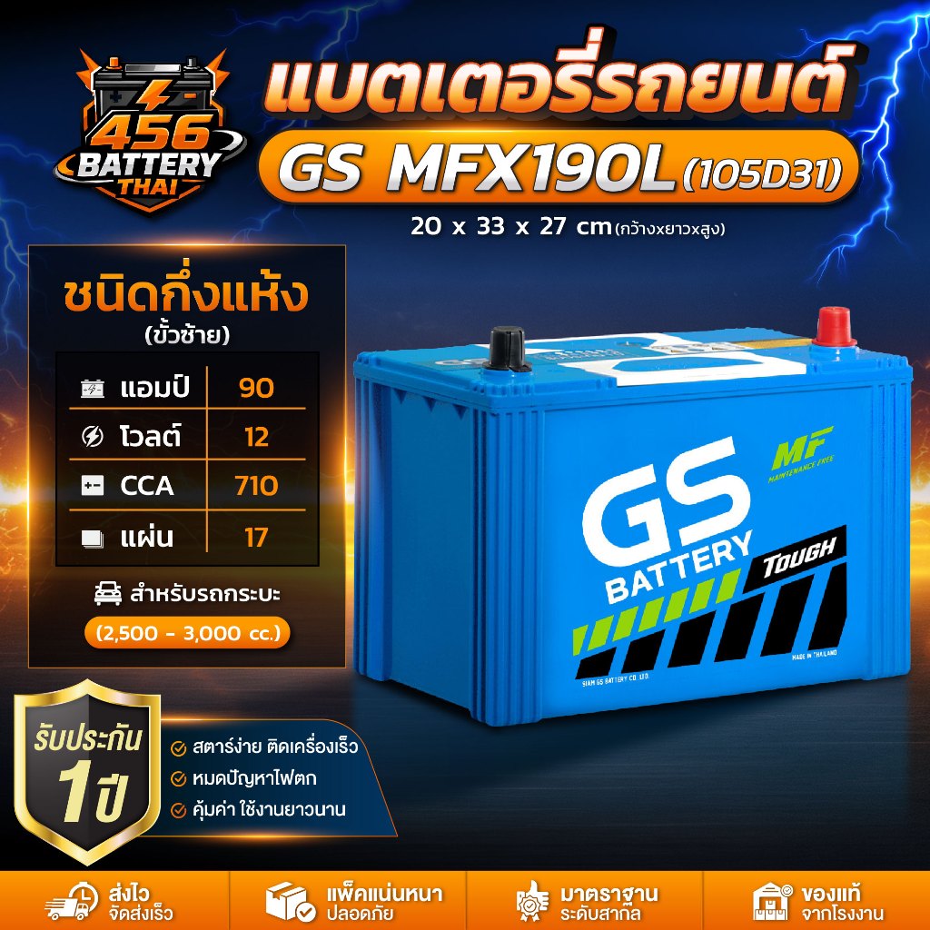 GS MFX190R/L ขั้วขวา/ซ้าย แบตเตอรี่รถยนต์ (กึ่งแห้ง) 90Ah. CCA710 สำหรับรถ 2.5-3.0 CC. พร้อมส่ง