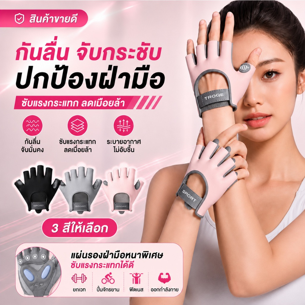 ถุงมือฟิตเนส ครึ่งนิ้ว ซิลิโคนกันลื่น เจลกันกระแทก ระบายอากาศ สำหรับยกน้ำหนัก ดัมเบล ปั่นจักรยาน