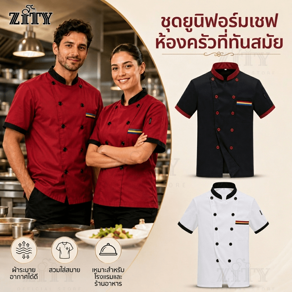 แจ็คเก็ตเชฟ Unisex สีดำแขนสั้น ชุดระบายอากาศ