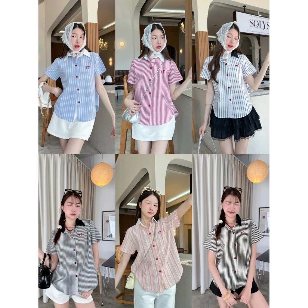 maymuseเสื้อเชิ้ตคอปกแขนสั้นลายทางกระดุมหน้าแต่งคอปกตัดสีงานปักโบว์ป้ายprod