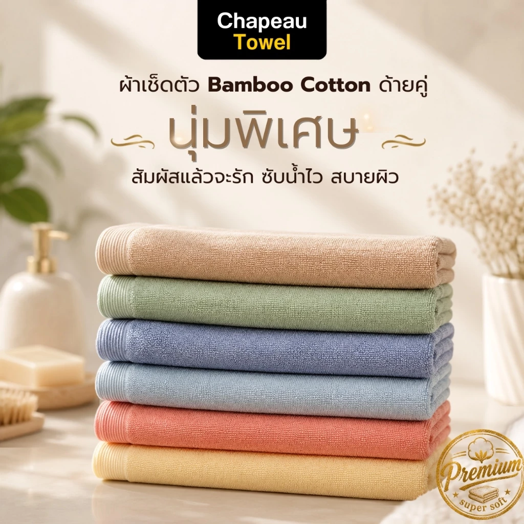 ผ้าเช็ดตัว Bamboo Cotton Chapeau Towel 27x54 นิ้ว นุ่มสุด ซับน้ำดี แห้งไว ไม่เป็นขุย