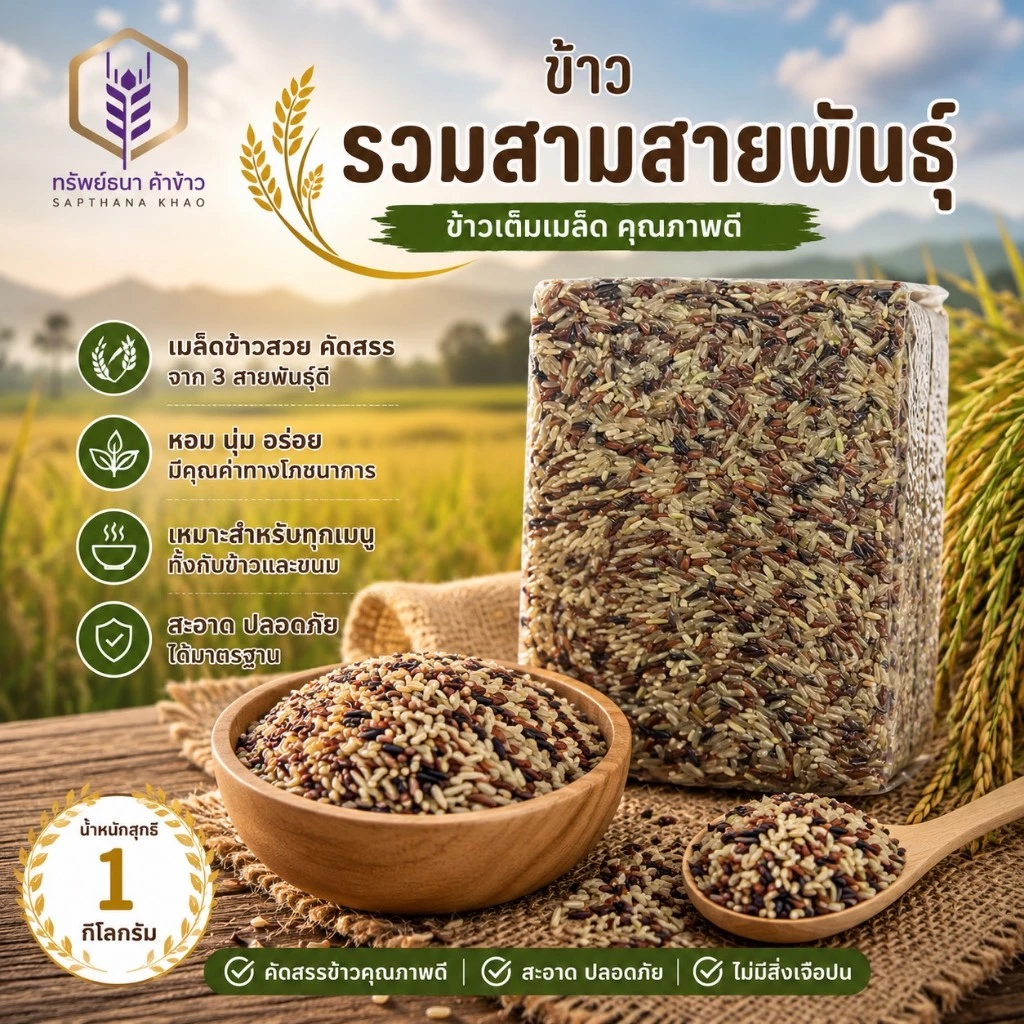 ข้าวรวมสามสายพันธุ์ แพคสุญญากาศ1 กิโลกรัม อร่อย นุ่ม