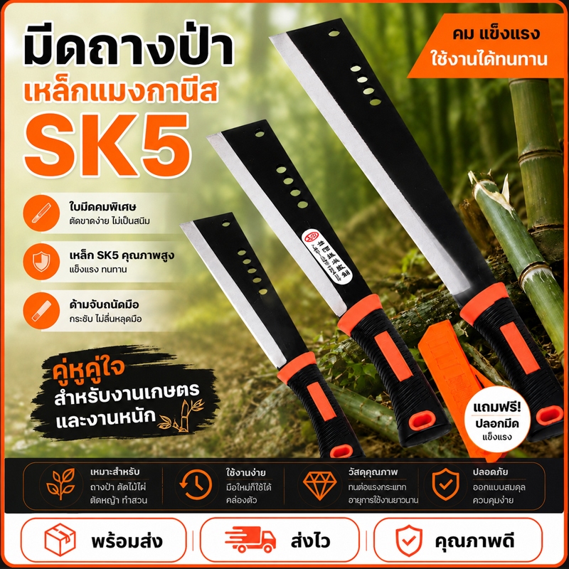 มีดอีโต้ มีดตัดไม้ ทำสวน เหล็ก SK-5 คม แข็งแรง ทนทาน ใช้ตัดฟืน กิ่งไม้ พกพาง่าย 38cm / 50cm