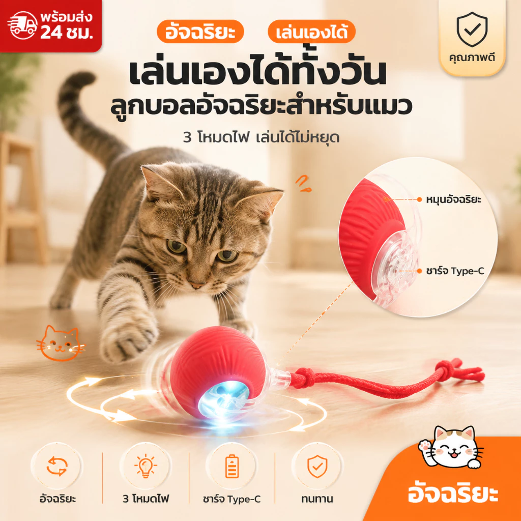 🐾ลูกบอลแมว บอลแมวอัตโนมัติ ชาร์ตแบตได้ ของเล่นแมว สมาร์ทไฟฟ้า หมุนได้ ของเล่นแมวโต้ตอบ ของใช้แมว